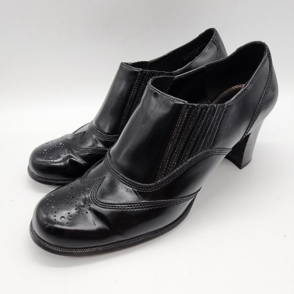 Etienne Aigner Wingtip Ankle Boots Size 9.5M Black 3" Stack Heel Brogue Witchy - Picture 4 of 16